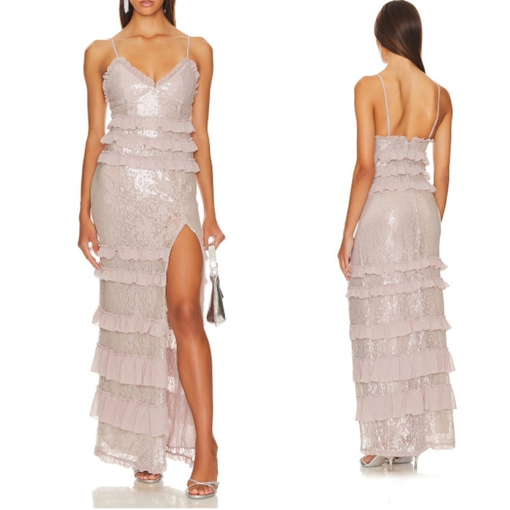 NBD Ruffle Maxi Dress Revolve Dusty Lilac Sequin Gown Party Event Coquette Small